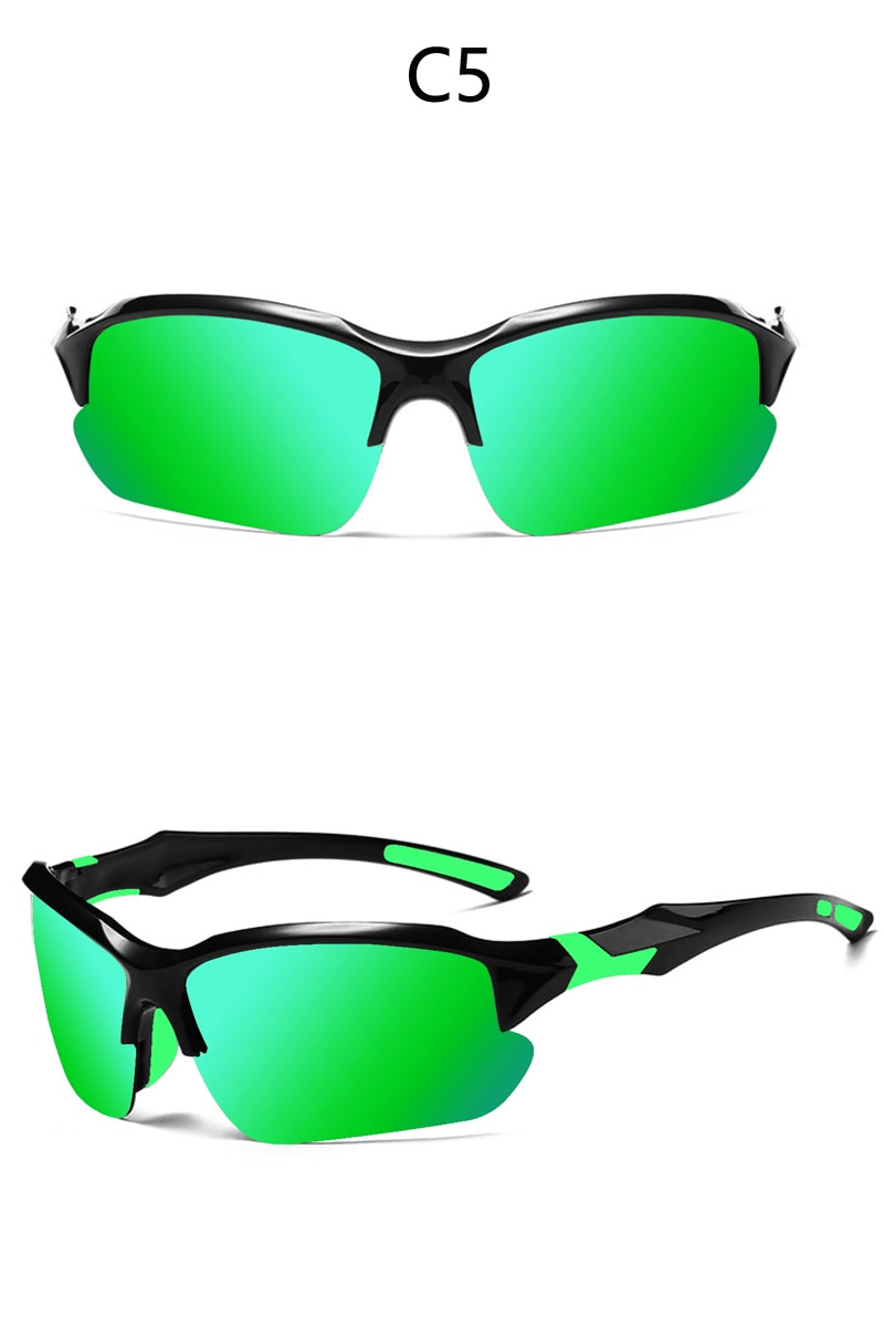 Green polarized sports sunglasses for driving and cycling with semi-rimless design and UV protection.